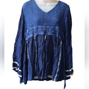 Just Cruising Vintage 80s/ 90s Denim Chambray Tie Back Baby Doll Top MED Boho